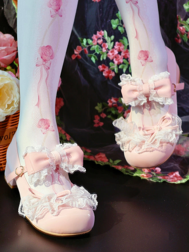 Pink Bowknot Details Lace Trim Round Toe Lolita Shoes