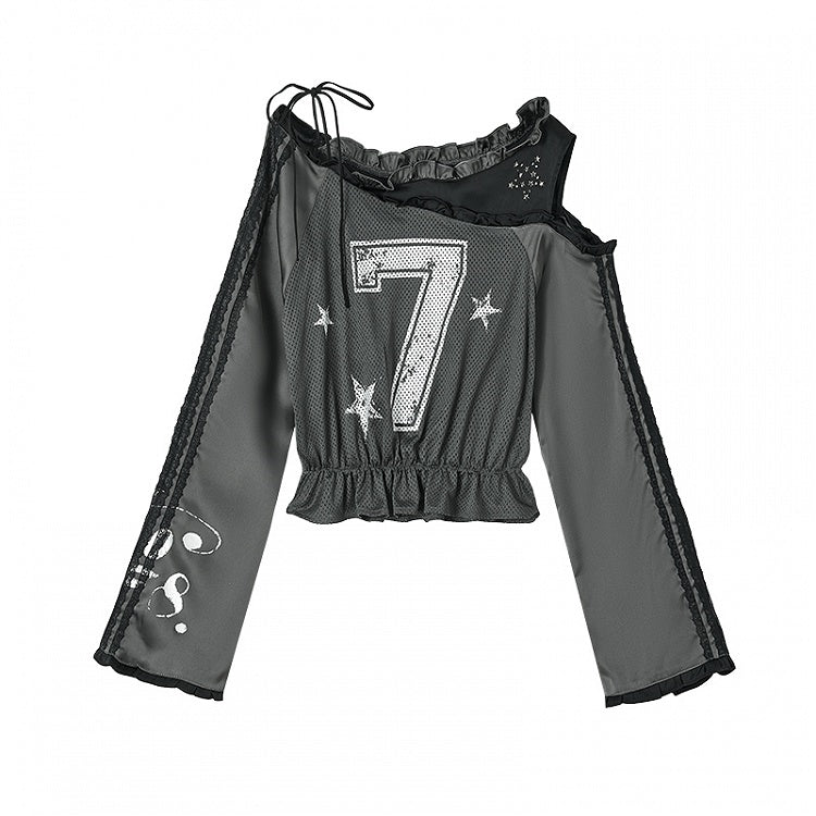 Gray Asymmetrical Neckline Number Print Blokette Core Punk Top