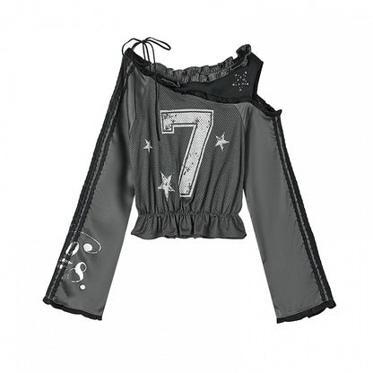 Gray Asymmetrical Neckline Number Print Blokette Core Punk Top