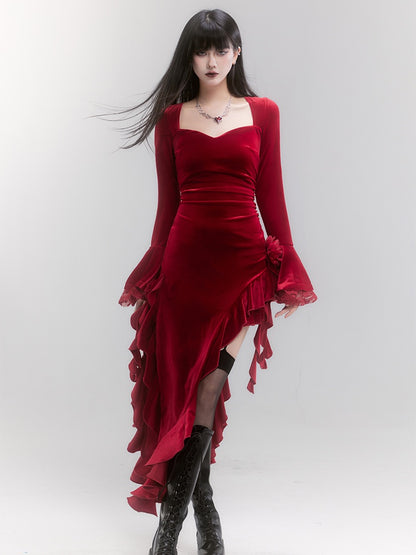 Red Velvet Lace Bell Sleeves Asymmetrical Ruffle Hem Dress