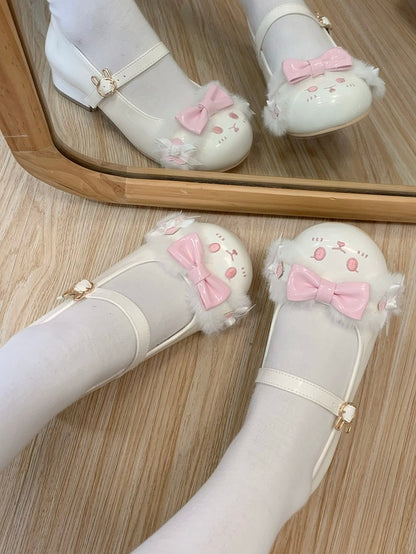 White&Pink Bowknot Details Plush Bunny Ear Sweet Lolita Round Toe Shoes With Bunny Buckle Strap