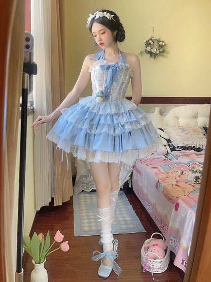 Blue Balletcore Halter Neck Boned Corset Top + Tiered Ruffle Skirt