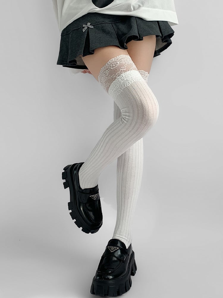 White/Black/Dark Gray/Beige/Light Gray Lace Trim Knitted Over-knee Stockings