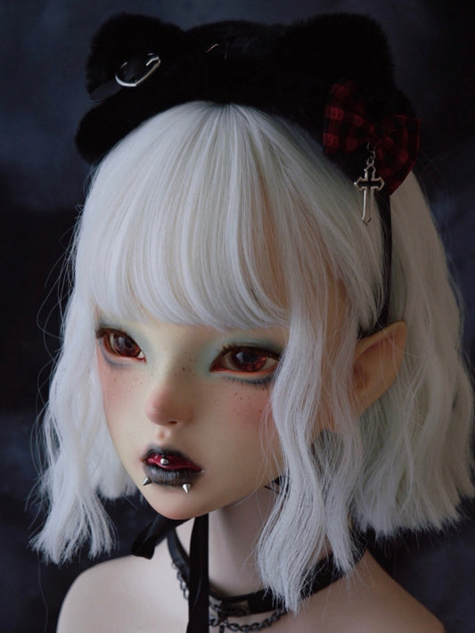 Black Cat Ear With Red Plaid Pattern Bowknot And Heart Buckle Details Hairband