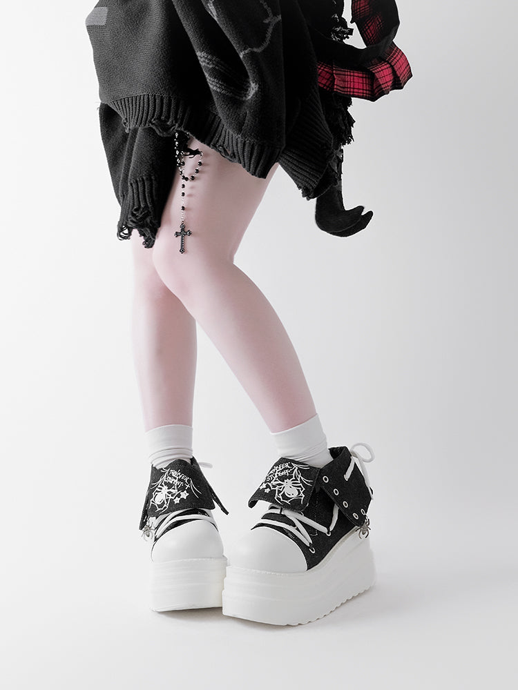 Black & White Punk Spider Print Platform Sneakers