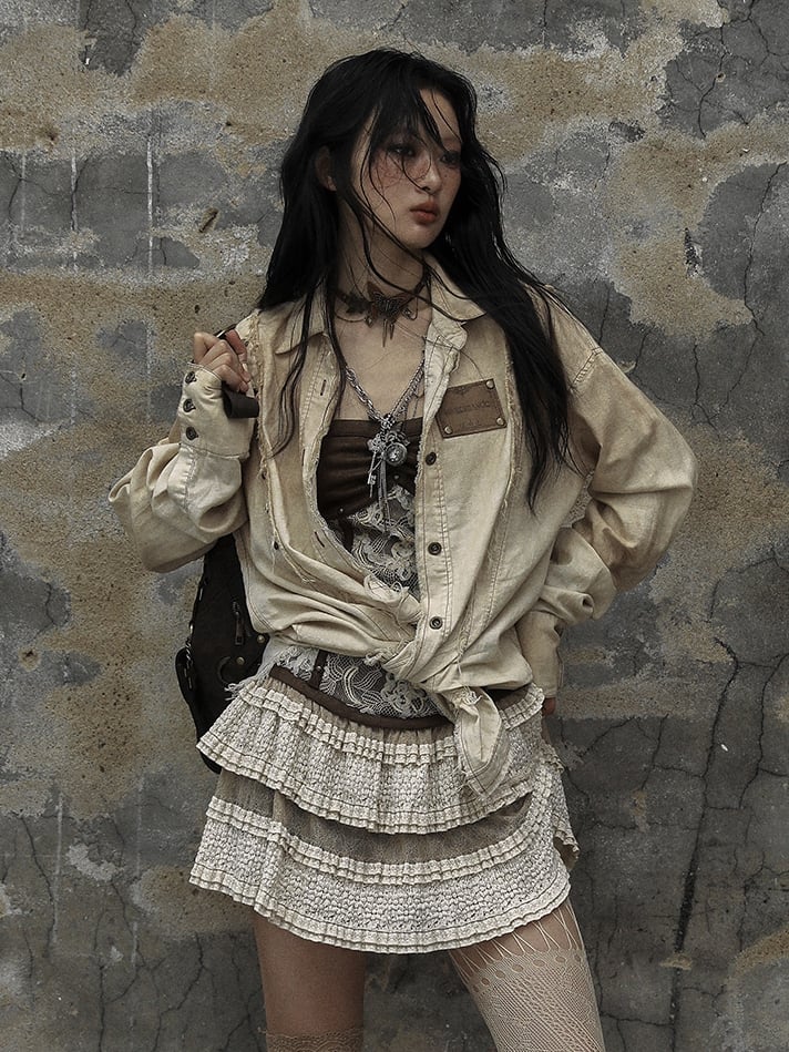 Beige Star Patch Punk Studs Faded Wash Shirt Frayed Hem