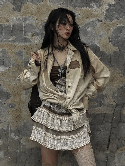 Beige Star Patch Punk Studs Faded Wash Shirt Frayed Hem