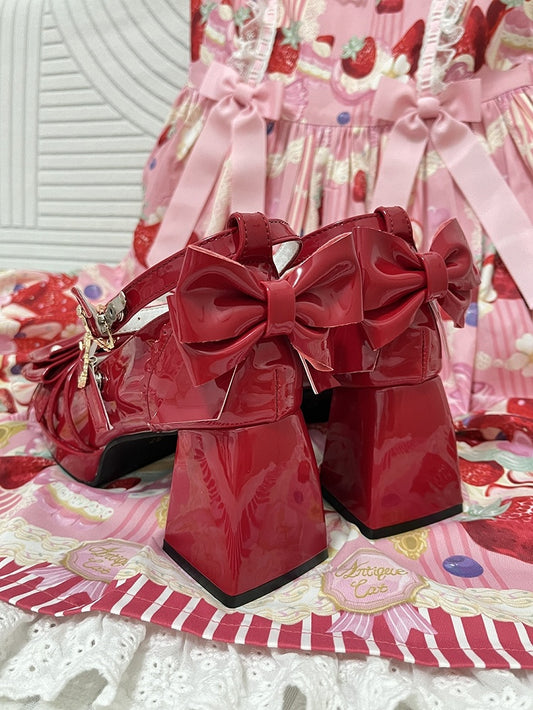Red Bow Accent Crisscross Design Lolita Platform High Block Heels