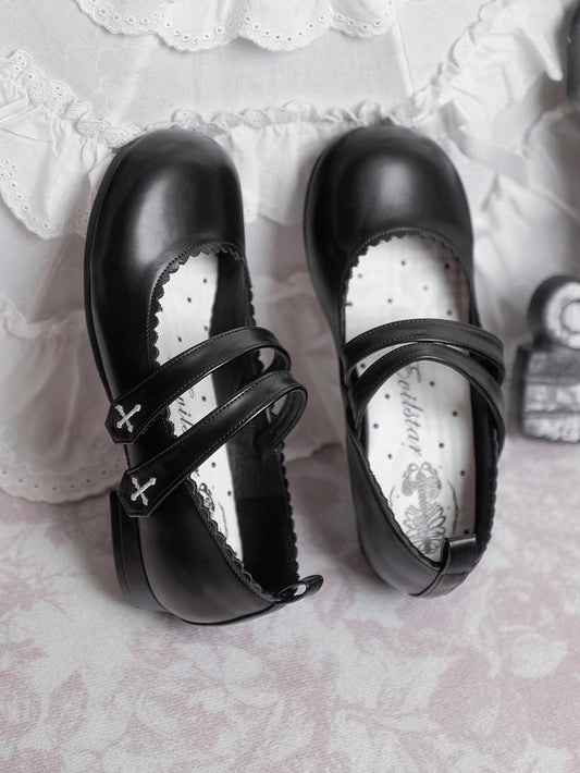 Black Gothic Cross Embroidery Velcro Strap Closures Round Toe Flats