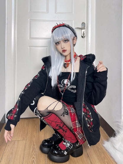 Studs Crack Black Platform Mary Janes with Skeleton Rabbit Buckles