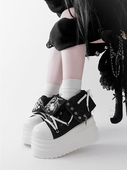 Black & White Punk Spider Print Platform Sneakers
