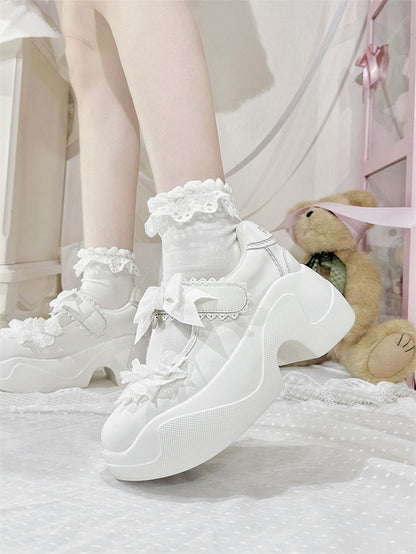 White Lace Trim Bowknot Velcro Strap Closures Jirai Kei Platforms