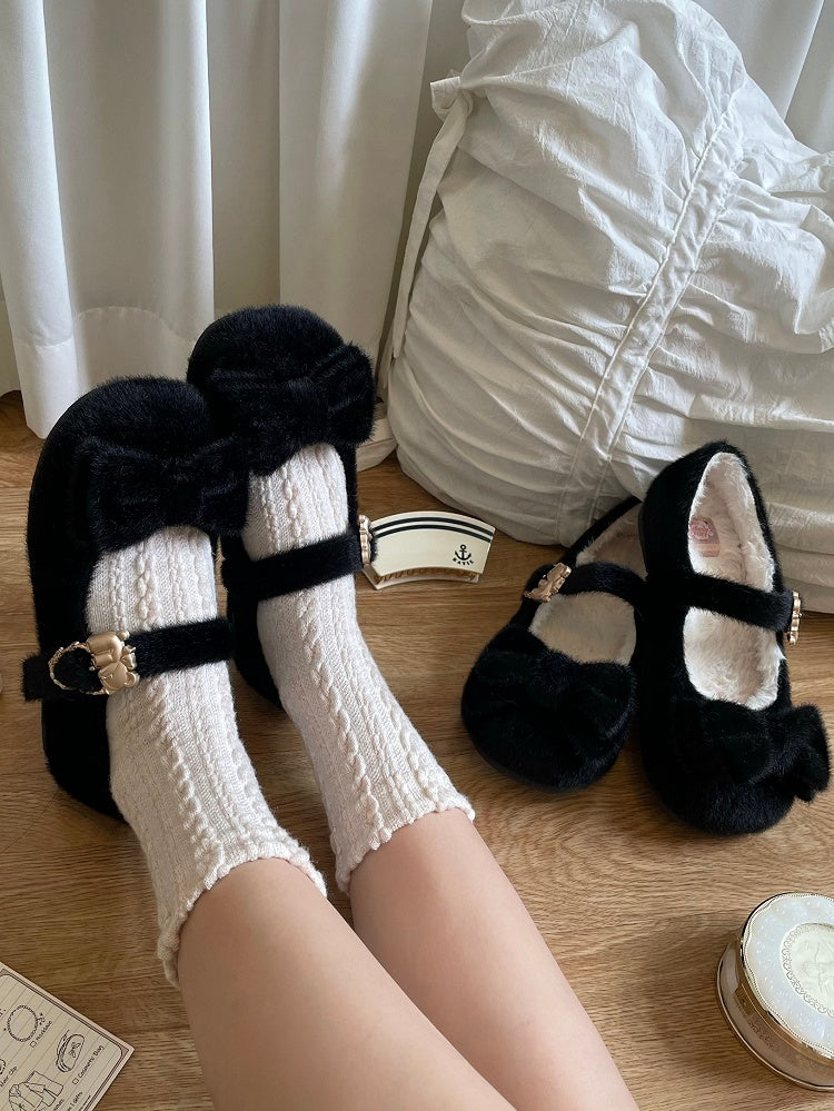 Thicken Version Sweet Black Lolita Flats for Winter - Bow at Top, Fleece Lining & Bear Decor Heart Buckle