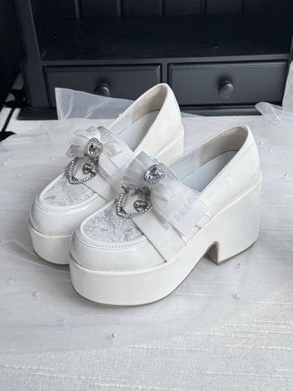 Jirai Kei White Platform Slip-Ons: 9.5cm Block Heel with Round Toe, Bow & Heart Rhinestone