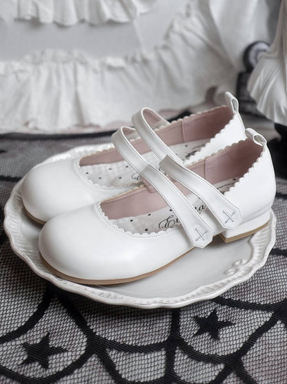 White Gothic Cross Embroidery Velcro Strap Closures Round Toe Flats