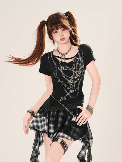 Beaded Cross Chains Print Black/Apricot Lace Trim T-Shirt