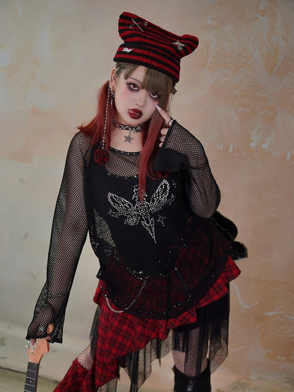 Plus Size Black Punk Fishnet Long Sleeves Top