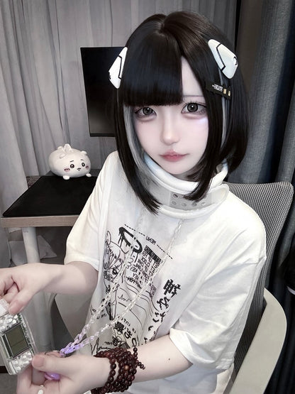 Jirai Kei Black/White Round Neck Cyberpunk Angel Print Cotton T-Shirt