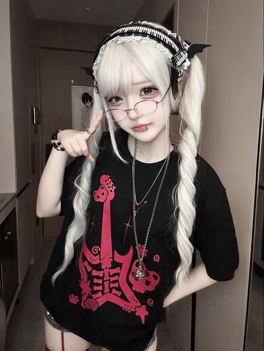 Black and Red Punk Rock Guitar Print Jirai Kei T-Shirt with Guitar Pick Necklace