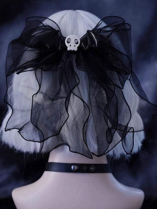 Gothic Skull Wings Black Organza Big Bow Hairclip