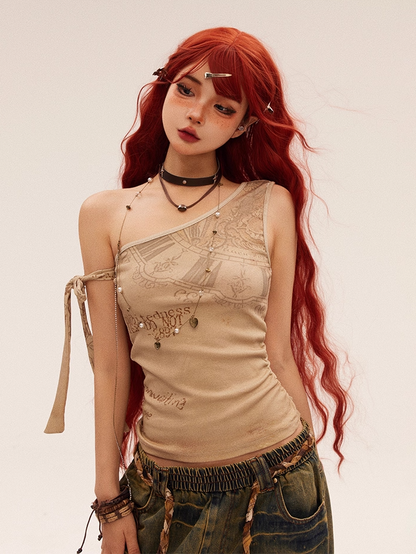 Vintage Graffiti Print Apricot Wasteland Punk Asymmetrical Neckline Top