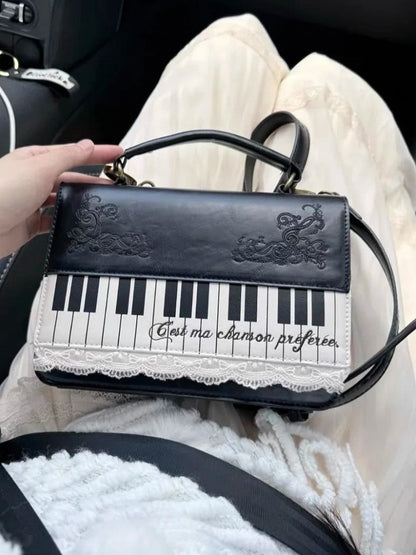 Chic Small-Sized Black Piano-Themed Crossbody & Backpack Briefcase With Embroidered Floral Accents
