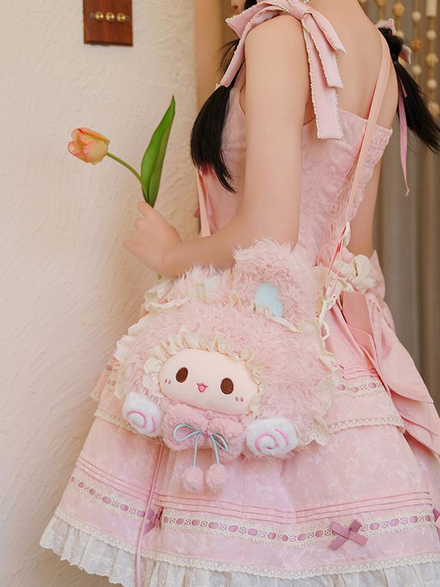 Pink Kawaii Bunny Plush Crossbody/Shoulder Bag + Bead Chain Shoulder Strap