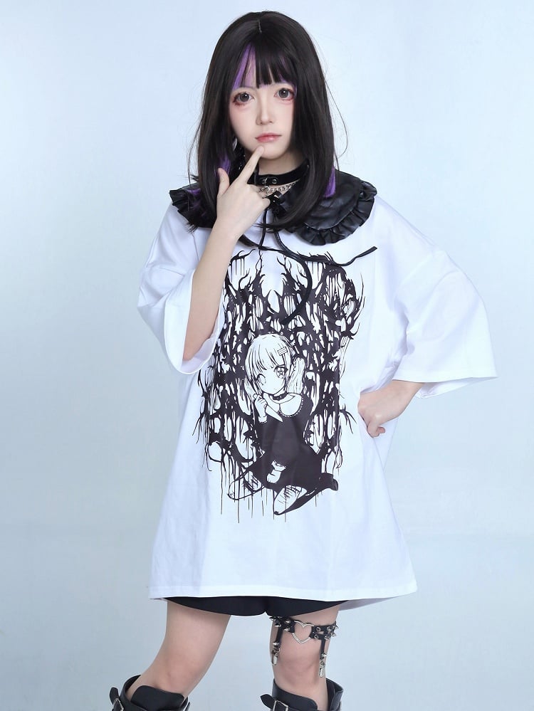 White Jirai Kei Oversized Cartoon Girl Print T-shirt