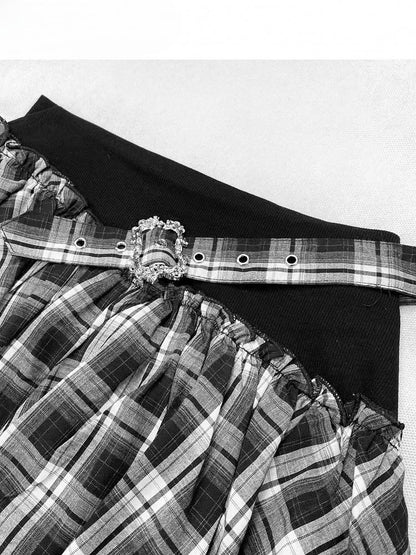 Black Bittersweet Plaid Pattern Contrast Lace Patches Asymmetrical Hem Skirt