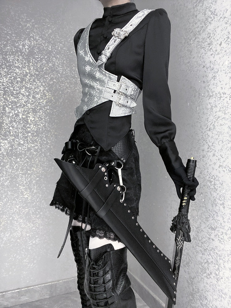Silver Buckle Straps Asymmetrical Design Snakeskin-grain Leather Waistcoat
