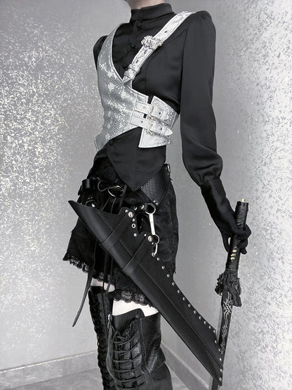 Silver Buckle Straps Asymmetrical Design Snakeskin-grain Leather Waistcoat