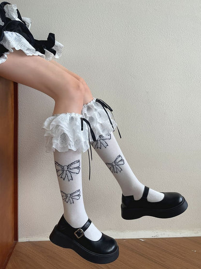 White/Black Bowknot Decorated Lace Trim Lolita Underknee Stockings