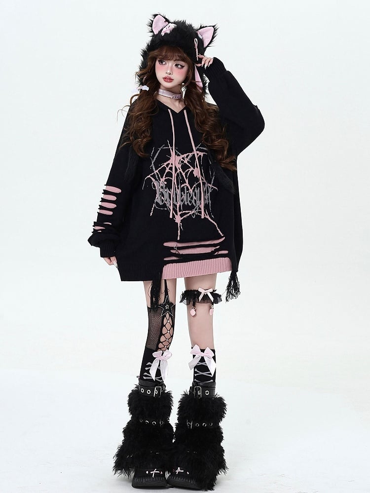 Black and Pink Gothic Spiderweb Distressed Holes Hooded Sweater