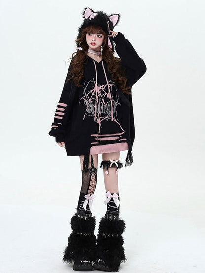 Black and Pink Gothic Spiderweb Distressed Holes Hooded Sweater