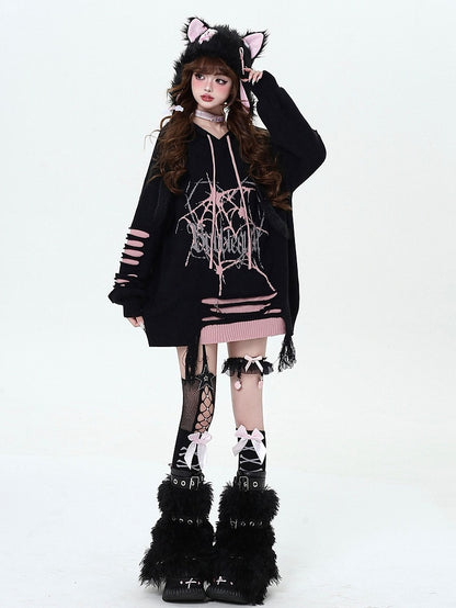 Black and Pink Gothic Spiderweb Distressed Holes Hooded Sweater