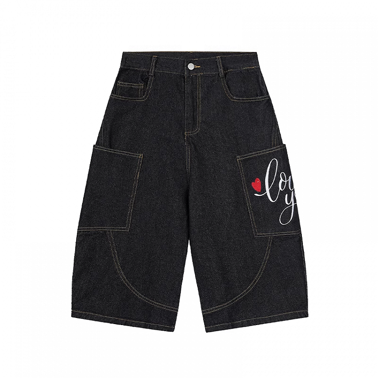 Black Low Waist Heart Embroidery Wide-leg Cargo Jeans