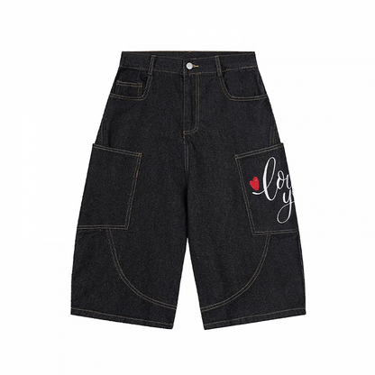 Black Low Waist Heart Embroidery Wide-leg Cargo Jeans