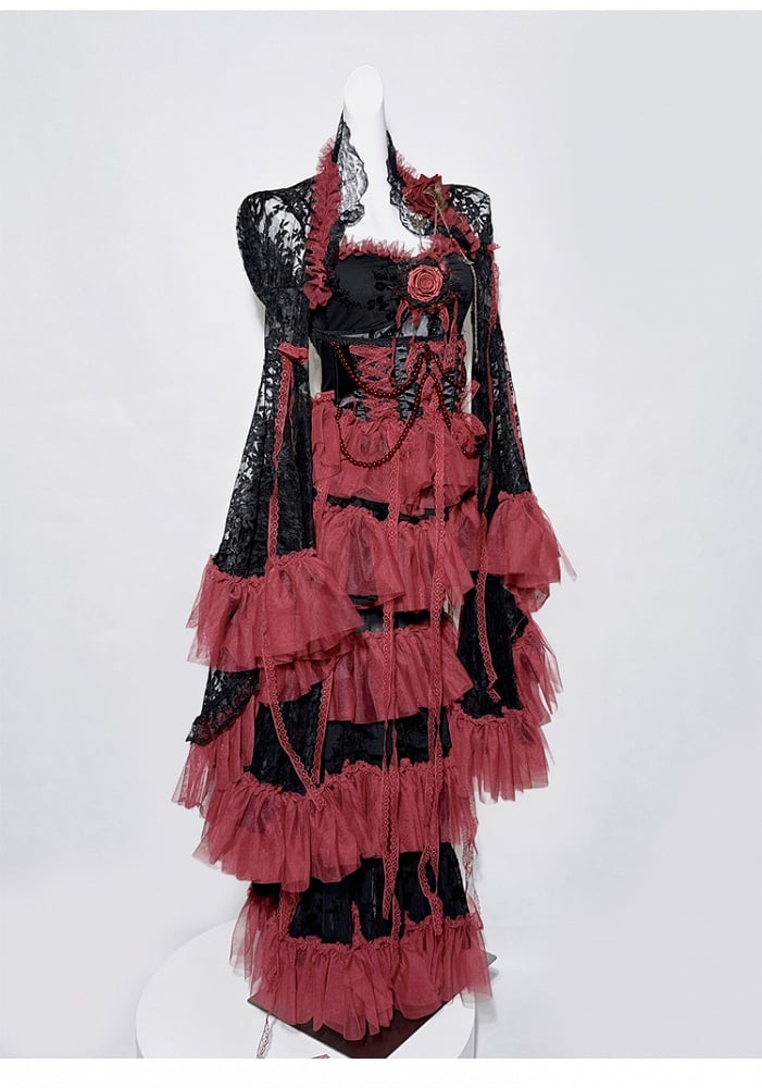 Black&Red Gothic Set- Cami Top+Lace Bell Sleeves Bolero+ Lace-up Detail Beaded Chain Tiered Skirt