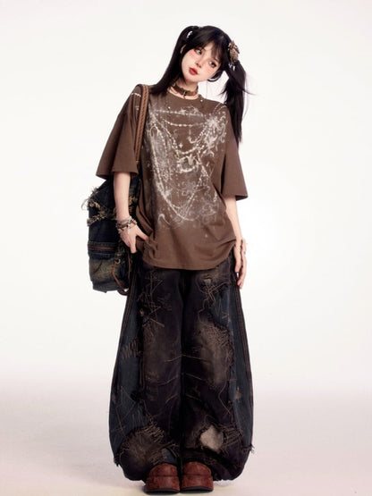 Black Low Rise Distressed Holes Raw Hem Wide-leg Jeans