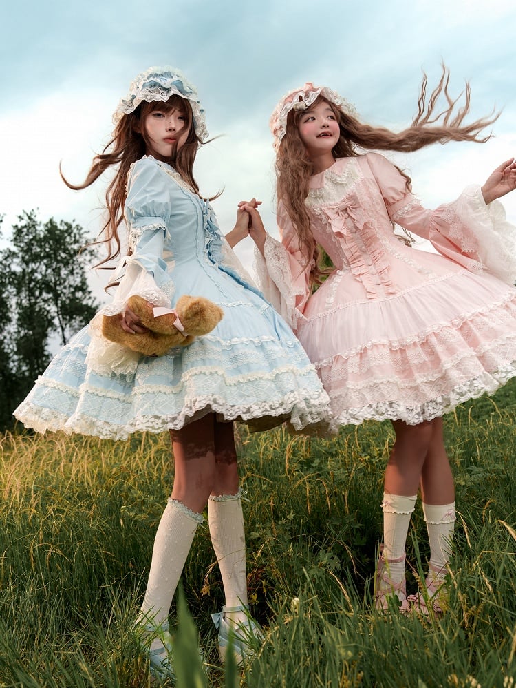 Baby Blue Lace Trims Cotton Dress Old School Lolita OP Full Set