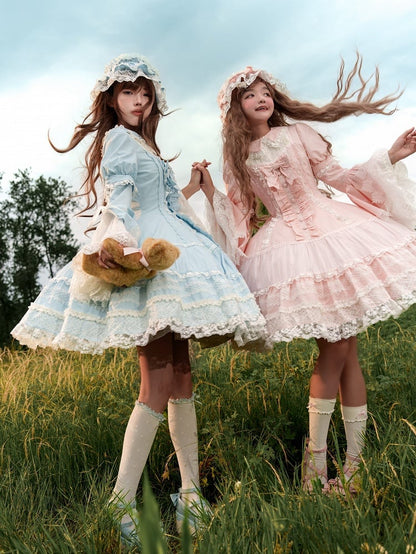 Baby Blue Lace Trims Cotton Dress Old School Lolita OP Full Set
