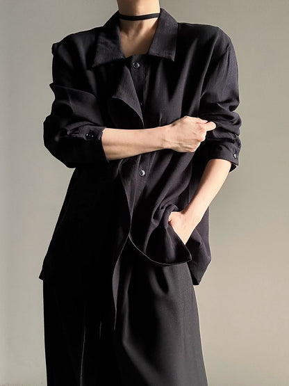 Ouji Lolita Black Retro Loose Pointed Collar Shirt with Long Draping Ribbon