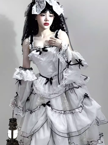 White & Black Lolita Sleeves with Bow Accents