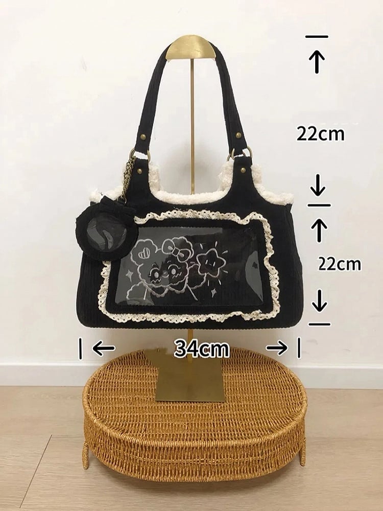 Corduroy Lace Trim Creamy White Daily Ita bag with Card Holder Charm