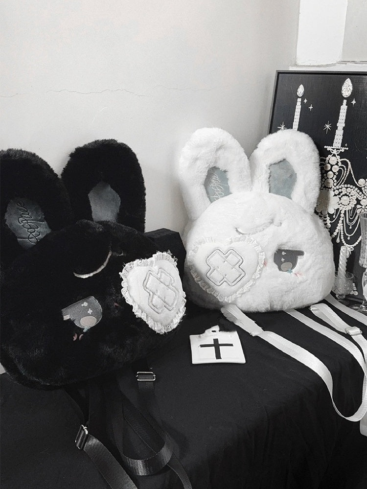Kawaii Black / White Plush Bunny Backpack with Bendable Ears & Heart Eye Patch Design