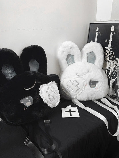 Kawaii Black / White Plush Bunny Backpack with Bendable Ears & Heart Eye Patch Design