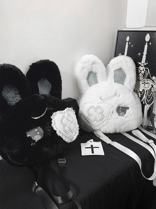 Kawaii Black / White Plush Bunny Backpack with Bendable Ears & Heart Eye Patch Design