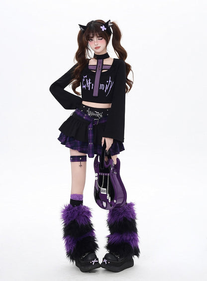 Y2K Black and Purple Plaid Buckle Belt Design Lined Tiered Skirt with Cross Garter