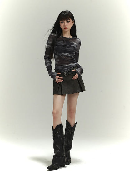 Black Round Neck Tie Dye Slim-fitting Top