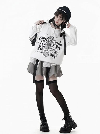 Techwear-Style Black/White Anime Girl Graffiti Sweatshirt with Letter Print and Detachable Snap Straps
